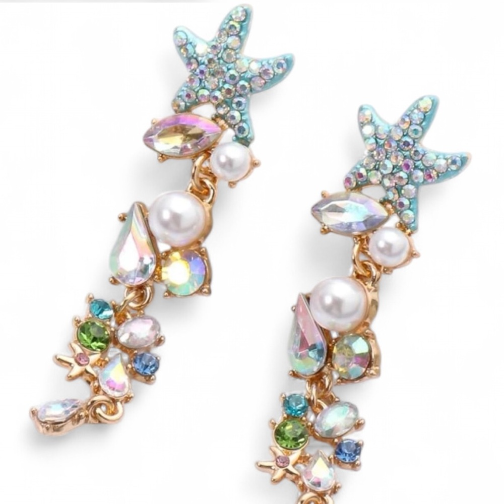 Mermaid Starfish Pearl Glitter Rhinestone Dangle Earrings Beachy Fairy Kawaii